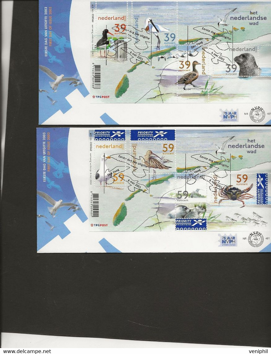 PAYS - BAS - 2 LETTRES FDC AFFRANCHIES BLOC FAUNE DE LA MER  N° 77 ET 78 - ANNEE 2003 - FDC