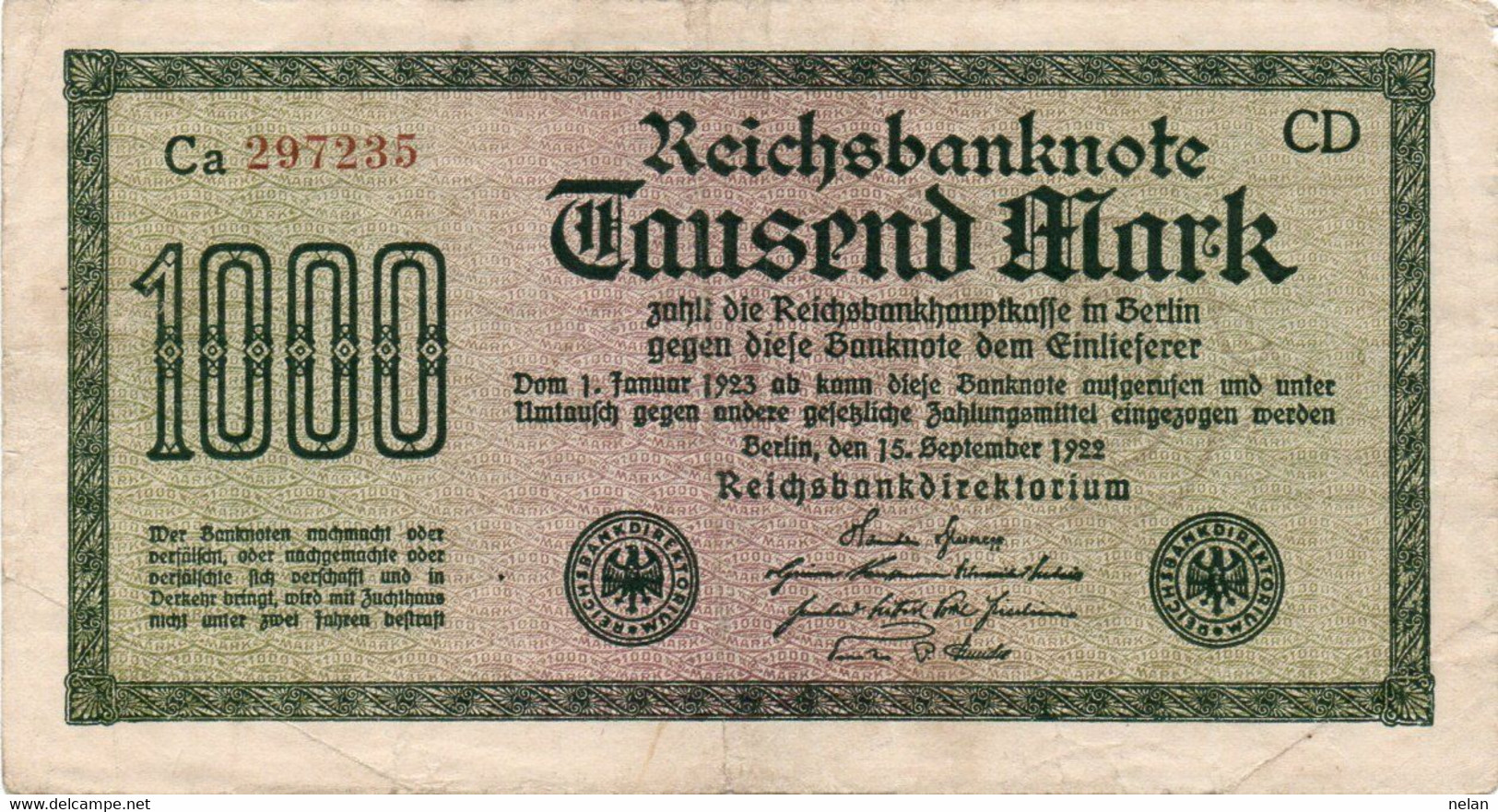 GERMANIA -1000 MARK 1922 - Wor:P-76c.3a, Ros:R-75i  - Filigrana: Maander - 1000 Mark