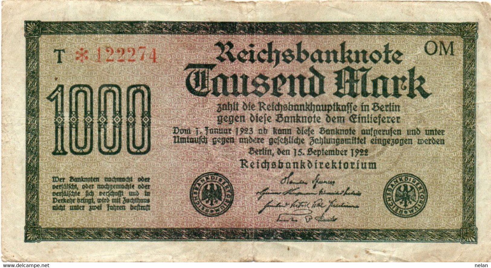 GERMANIA -1000 MARK 1922 -  Wor:P-76g.2.2 - Filigrana: Wellen - 1000 Mark