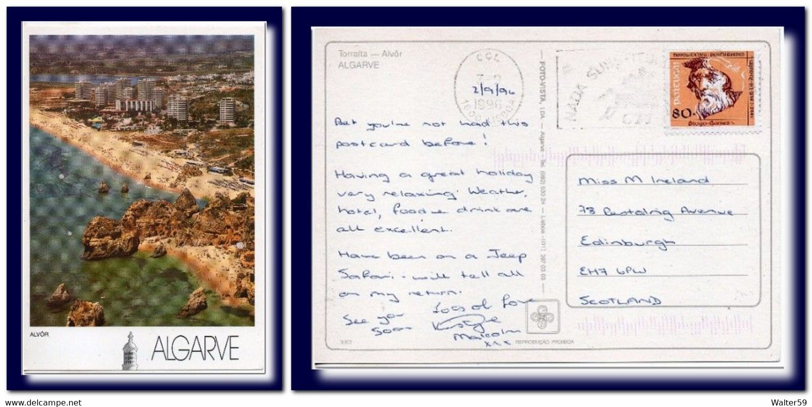 1996 Portugal Postcard Alvor Beach Posted Col To Scotland - Briefe U. Dokumente