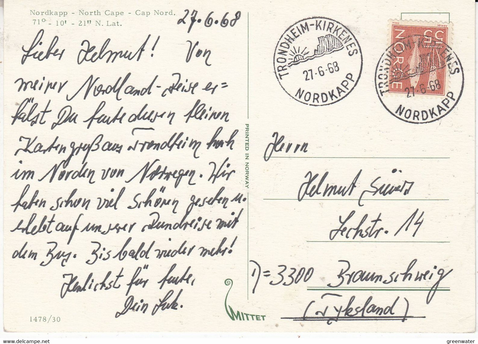 Norway 1969 North Cape Postcard Used Ca Nordkapp 27.6.68 (57528A) - Lettres & Documents