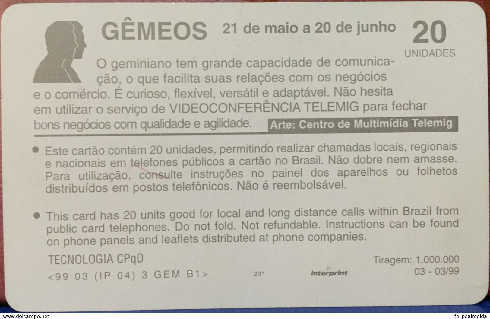 Phone Card Manufactured By Telemig In 1999 - Gemini Sign - May 21st To June 20th - Zodiac