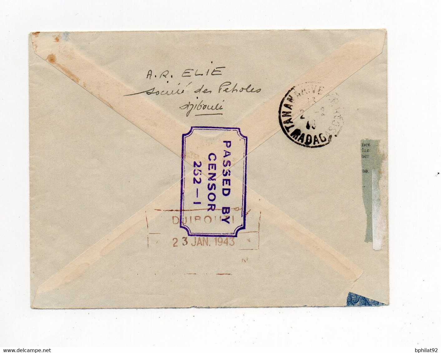 !!! COTE DES SOMALIS, LETTRE DE DJIBOUTI DE 1943 POUR TANANARIVE, RARE CENSURE CONTROLE POSTAL + CROIX DE LORRAINE - Lettres & Documents