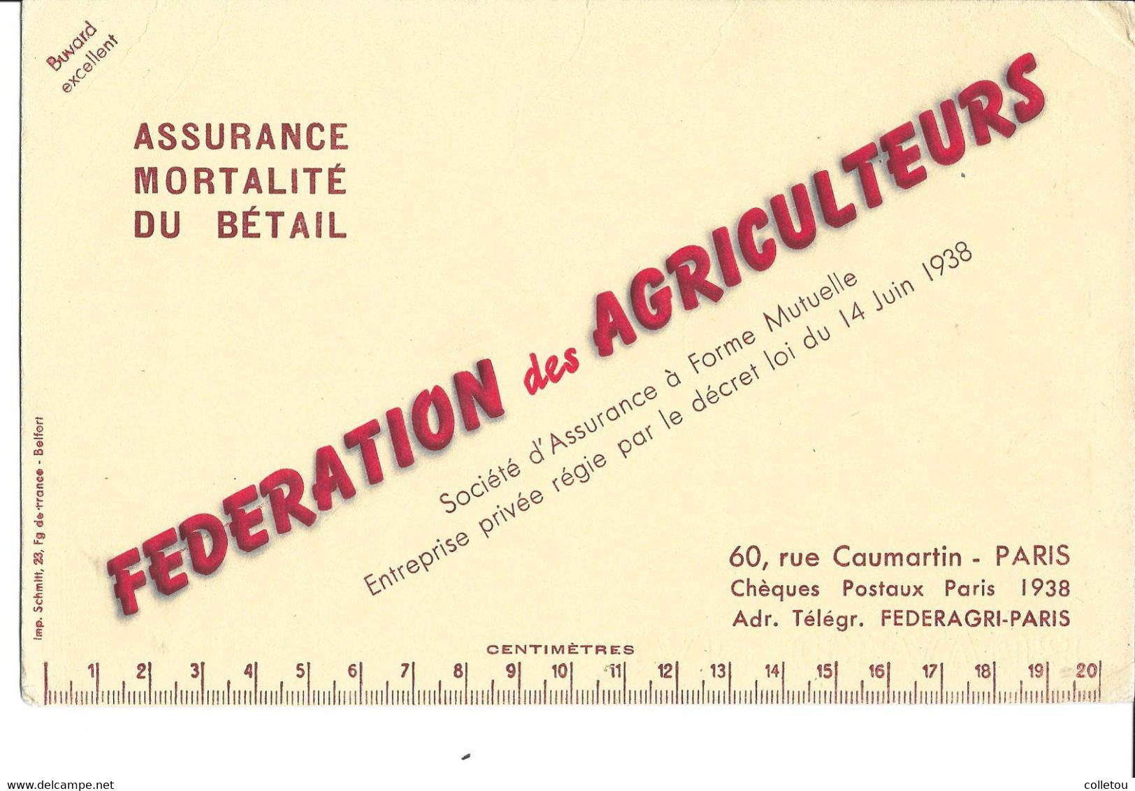 BUVARD FEDERATION DES AGRICULTEURS Assurance Mortalité Du Bétail (P06) - Farm