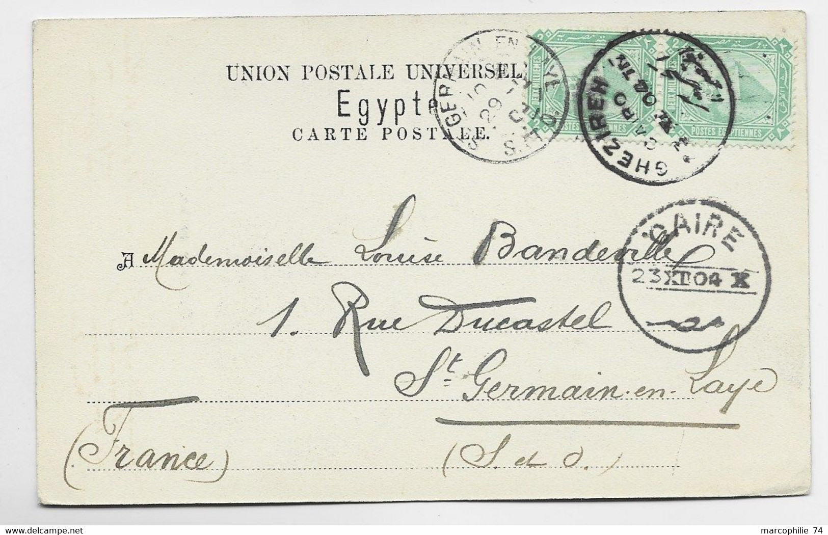 EGYPT CARTE COIFFEUR ARABE + 2MX2 GHEZIREH CAIRO 1904 TO FRANCE - 1915-1921 Protectorat Britannique