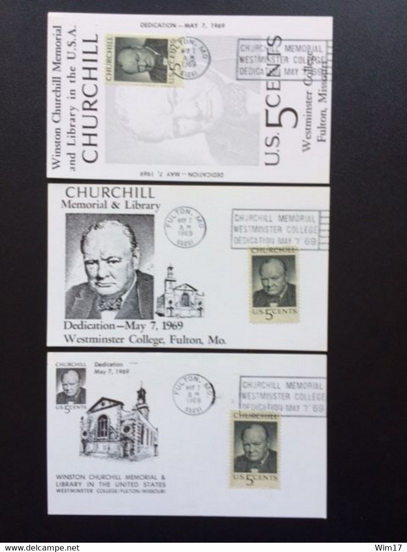 UNITED STATES USA 1969 SET OF 3 MAXIMUM CARDS CHURCHILL MEMORIAL & LIBRARY FULTON VERENIGDE STATEN AMERIKA AMERICA - Maximumkarten (MC)