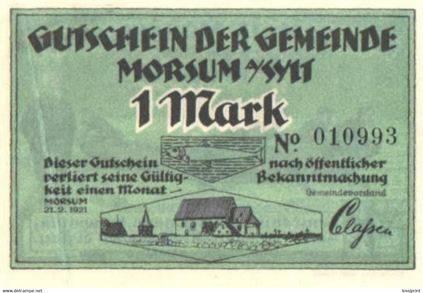 Germany Notgeld:Gutschein Morsum A/Sylt 1 Mark, 1921 - Collections