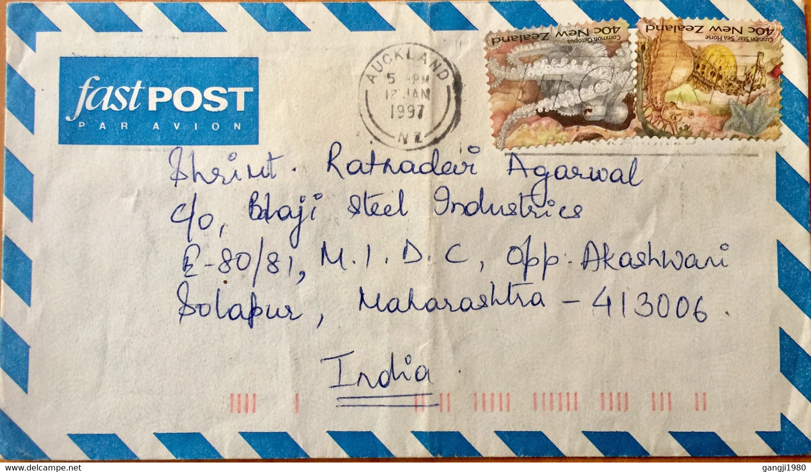 NEW ZEALAND 1997, USED AIRMAIL COVER TO INDIA HORSE FISH & OCTOPUS 2 SELF ADHESIVE STAMPS,AUCKLAND CANCELLATION - Covers & Documents