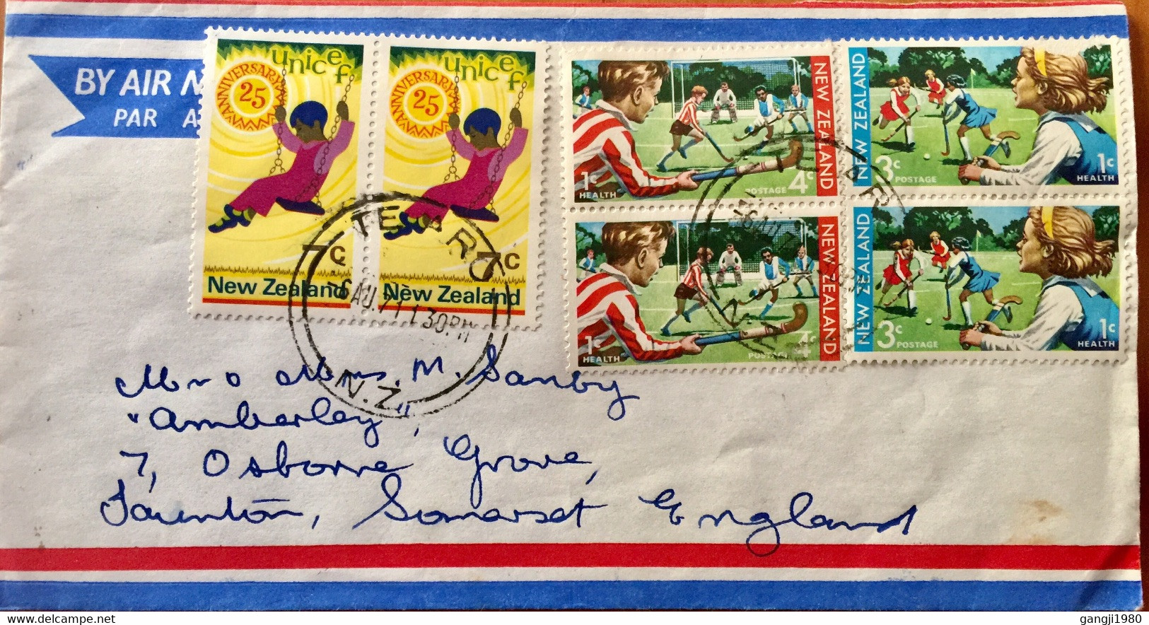 NEW ZEALAND 1971, USED AIRMAIL COVER TO ENGLAND HEALTH,HOCKEY GIRL PLAYERS SWIMMING CHILD 6 STAMPS!!! TEARO CANCELLATIO! - Lettres & Documents