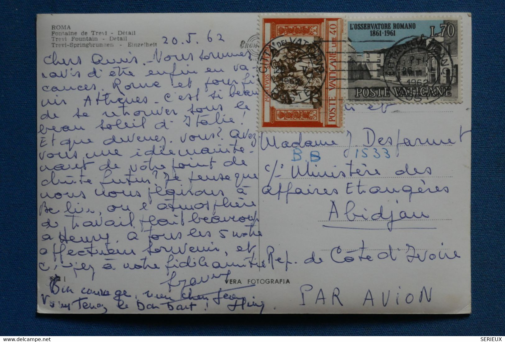 AS4 VATICAN   BELLE CARTE 1962 ROMA POUR ABIDJAN COTE IVOIRE +FONTAINE TREVI+AFFRANCH. PLAISANT - Briefe U. Dokumente