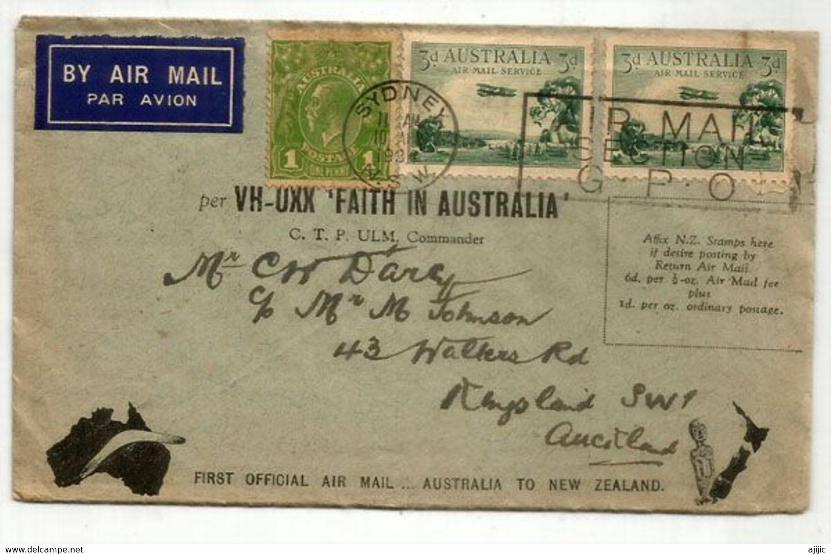 FIRST OFFICIAL AIR MAIL  AUSTRALIA To NEW-ZEALAND. 10 APRIL 1934. SYDNEY To AUCKLAND. (RARE-SCARCE) - Covers & Documents