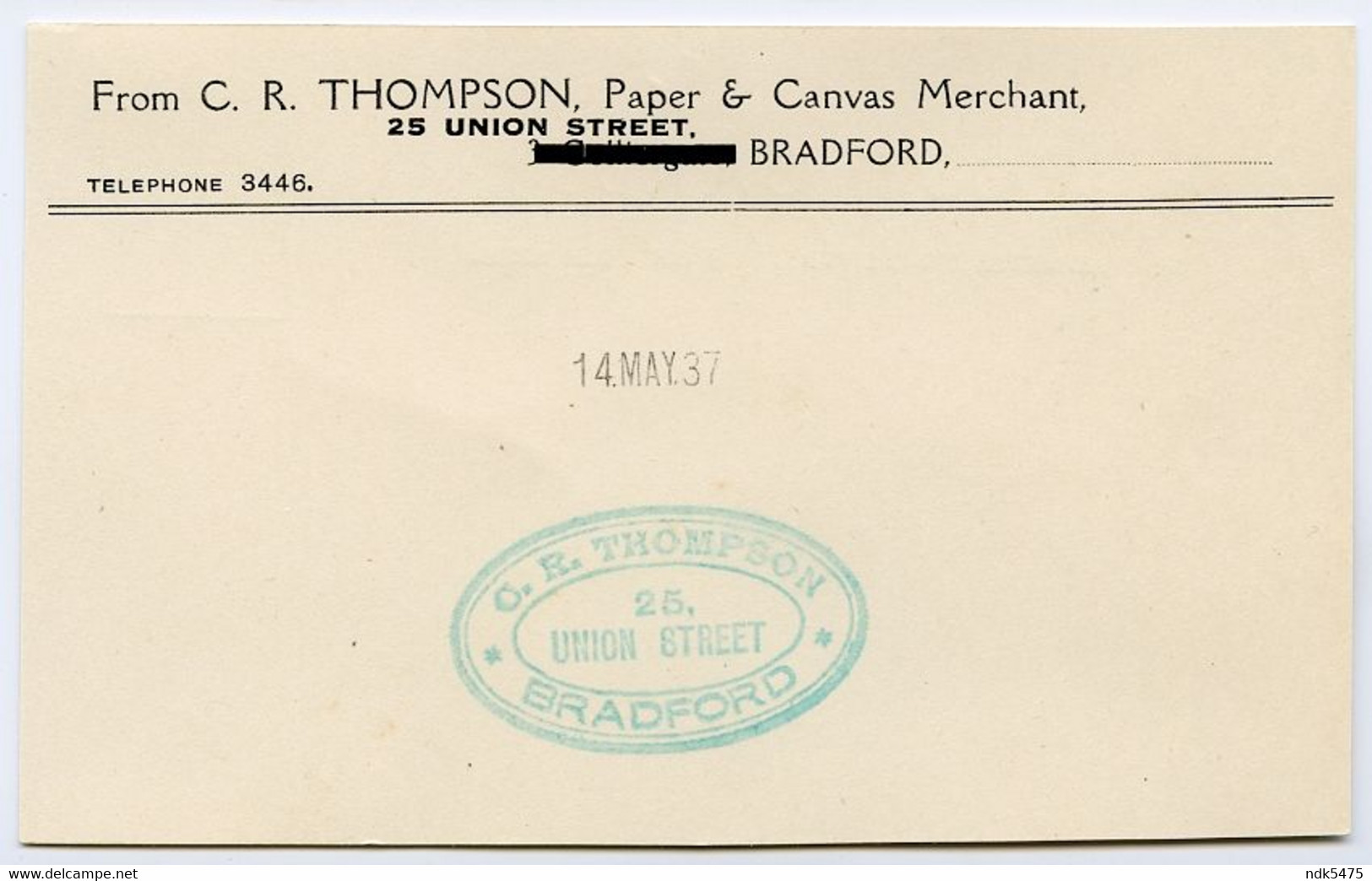 GEORGE V / EDWARD VIII / GOERGE VI, 1937 STAMPS : C. R. THOMPSON - PAPER MERCHANT, BRADFORD / SHIPLEY, BARGRANGE AVE - Briefe U. Dokumente