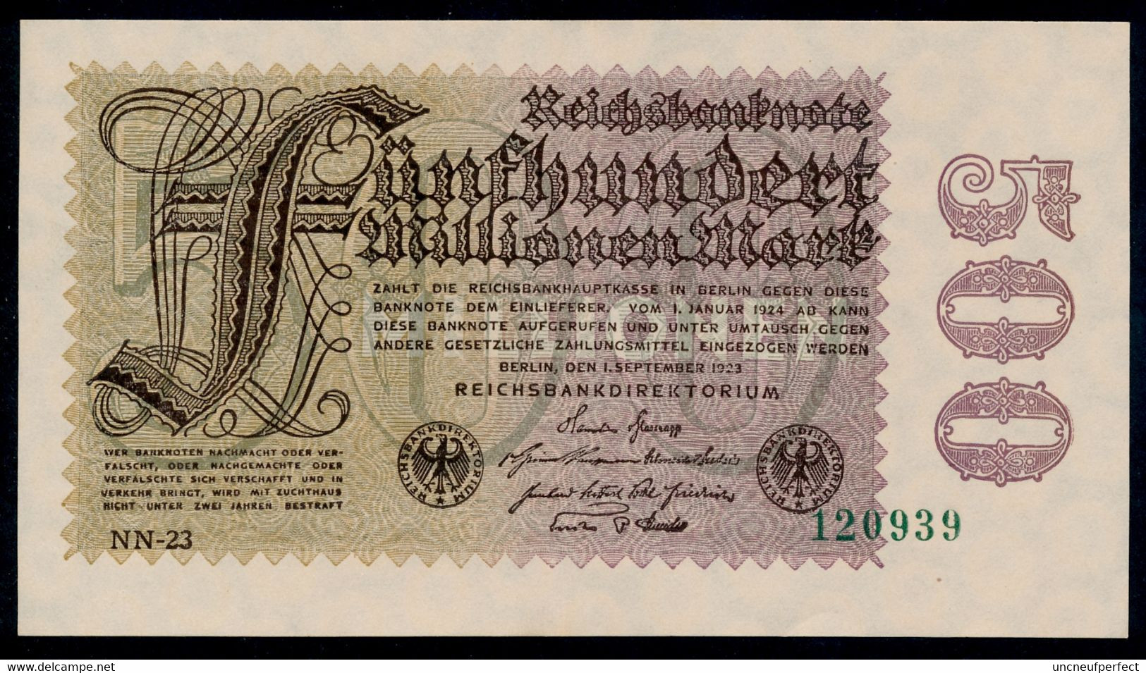 P110e Ro109f 500 Million Mark 01-09-1923. AUNC ,1 Plis De Liasse - 500 Millionen Mark