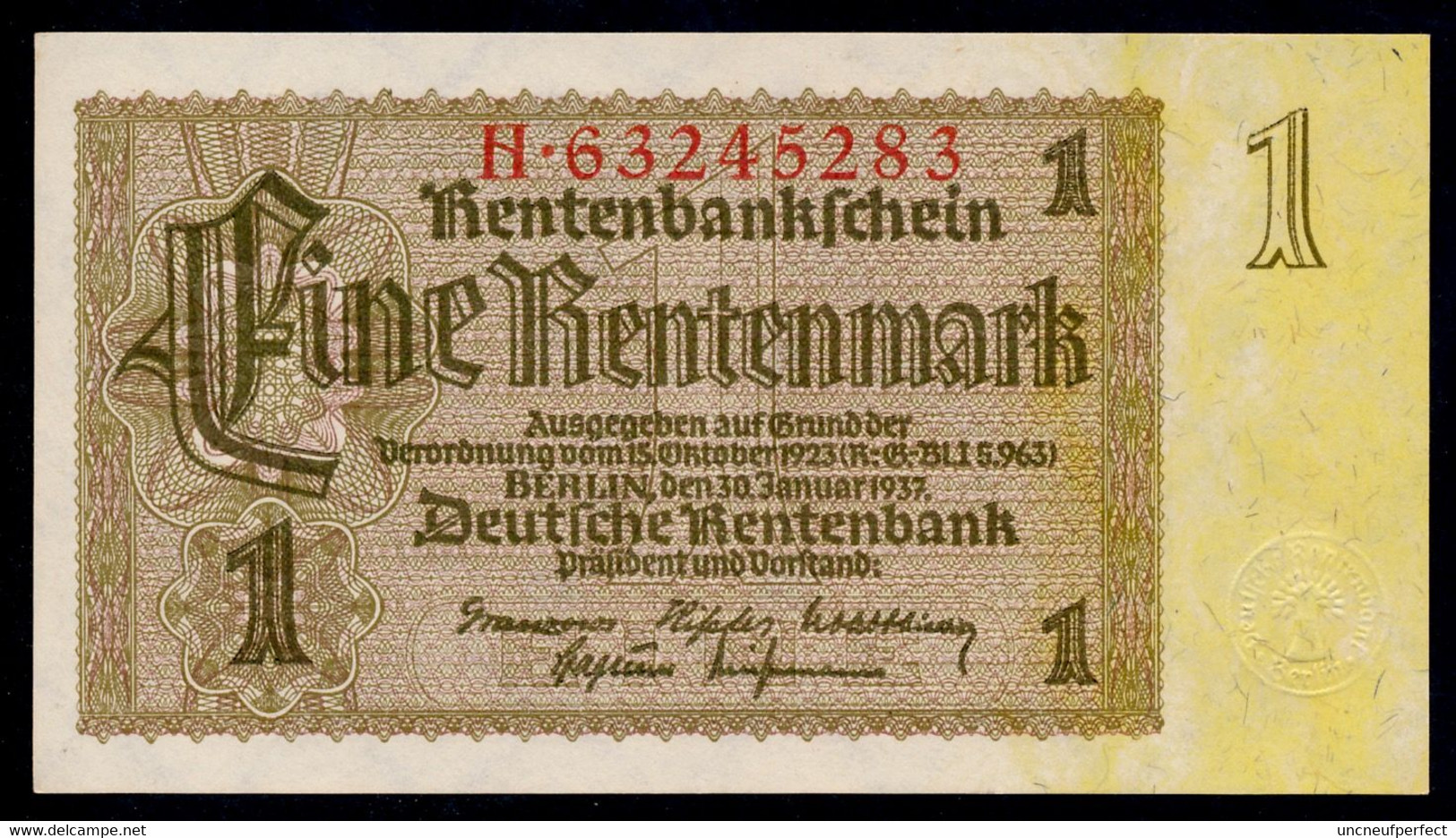 P173b Ro166b DEU-222b 1 Rentenmark 1937 UNC NEUF! - 1 Rentenmark