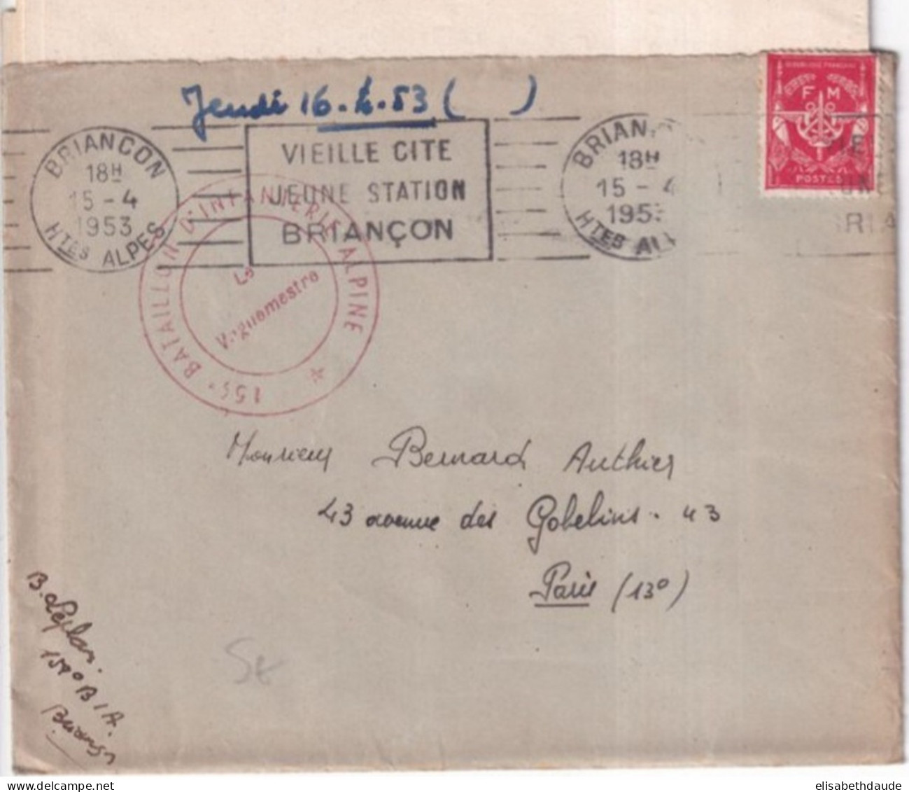 1953 - TIMBRE FRANCHISE MILITAIRE Sur ENVELOPPE Du 159° BATAILLON INFANTERIE ALPINE à BRIANCON (HAUTES ALPES) - Militärstempel Ab 1900 (ausser Kriegszeiten)