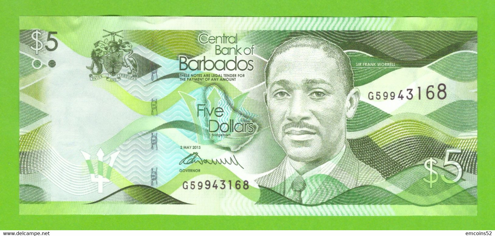 BARBADOS 5 DOLLARS 2013  P-74a  UNC - Barbados (Barbuda)