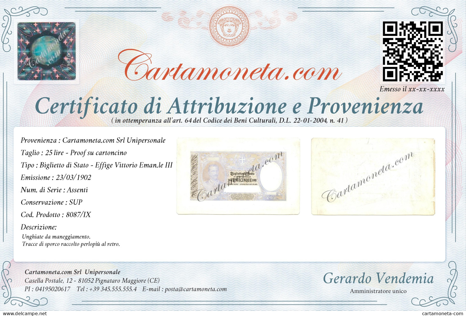 25 LIRE PROOF CARTONCINO BIGLIETTO STATO EFFIGE V. EMANUELE III 23/03/1902 SUP - Andere