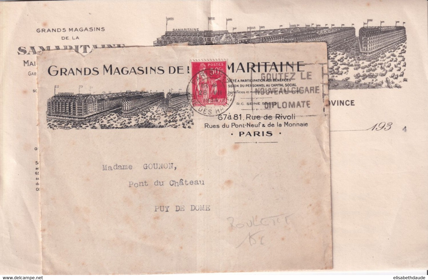1934 - ROULETTE PAIX 50c TYPE IIB !! - ENVELOPPE COMMERCIALE De PARIS - 1932-39 Peace