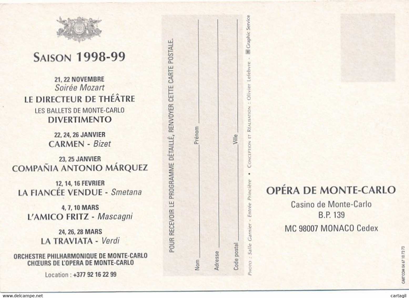 CPM GF-30664 -Monaco -Monte Carlo-- Carte Programme De L'Opéra -Saison 1998-1999 -Envoi Gratuit - Opera House & Theather