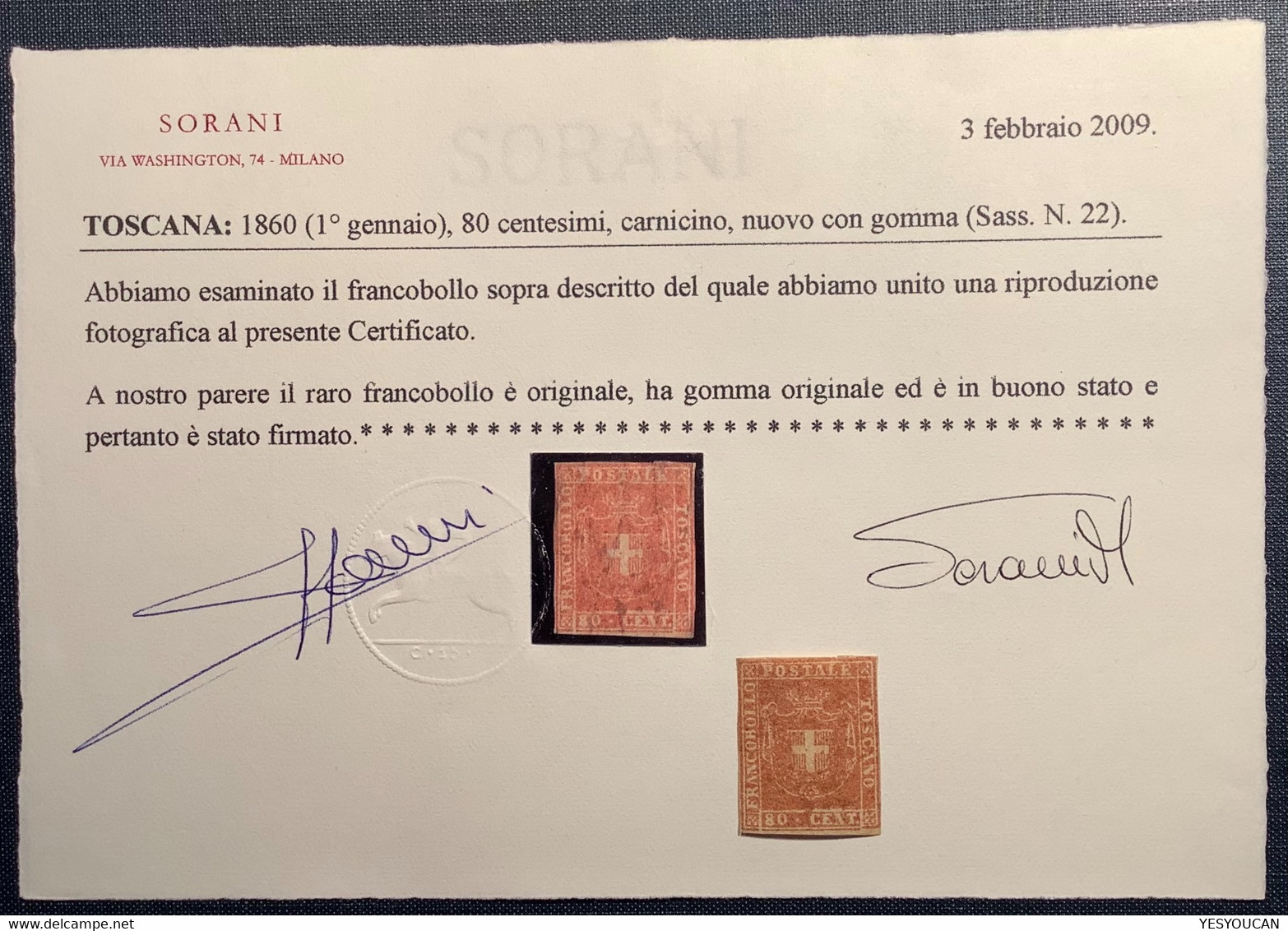 Toscana 1860 Sa. 22 = 60.000€, 80 Centesimi Nuovo * Cert Sorani. Tuscany Mint Original Gum Rarity (Toscane - Toskana