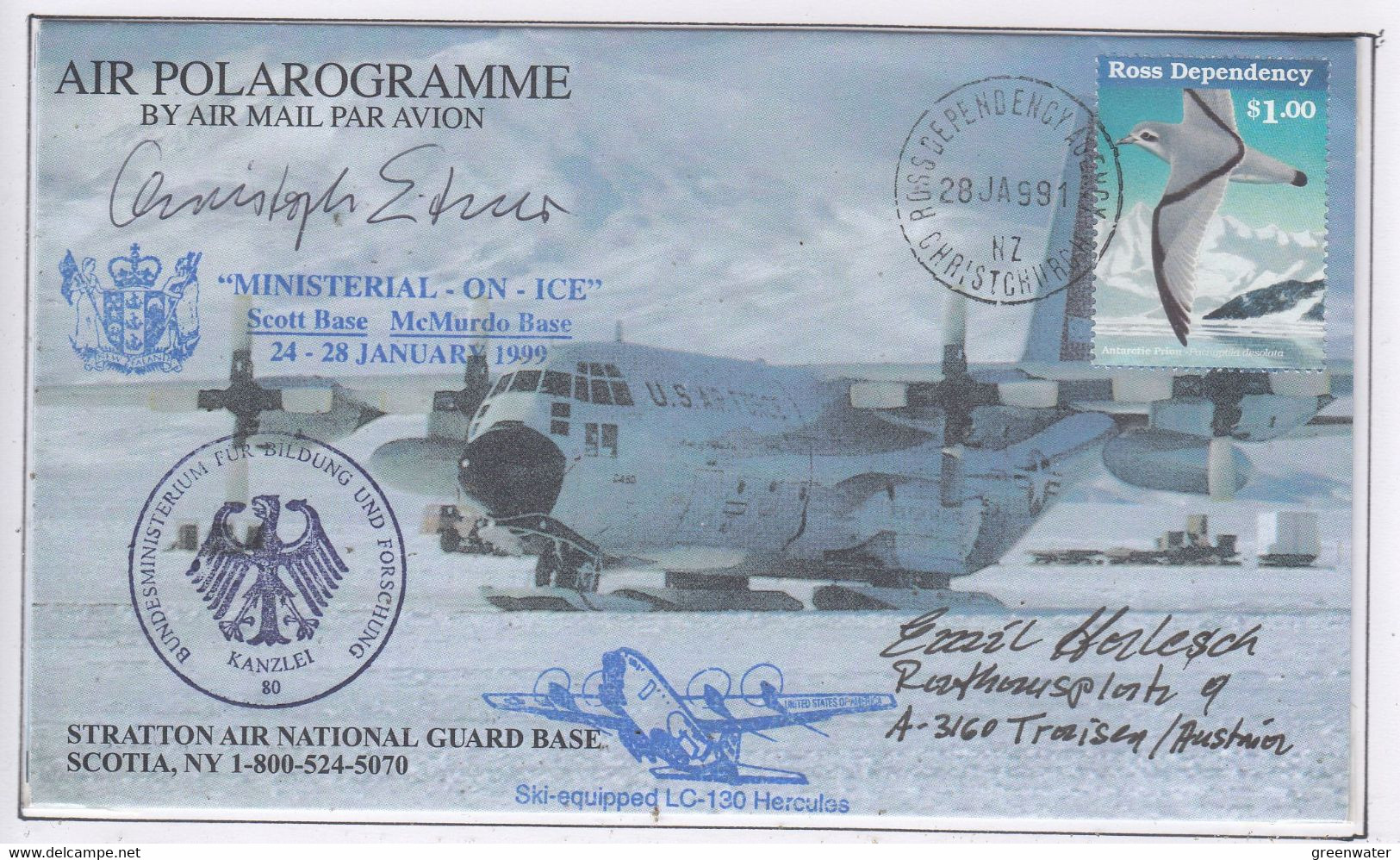 Ross Dependency Scott Base 1999 Antarctic Flight  Ministerial On Ice Signature  Ca Ross Dependency  28 JA 99 (AF163C) - Vols Polaires