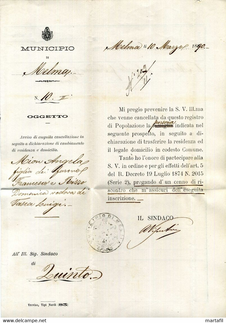 1890 Lettera Al Sindaco Di Quinto (TV - TREVISO) Da MELMA (avviso Cancellazione Di Cambiamento Di Residenza) - Poststempel