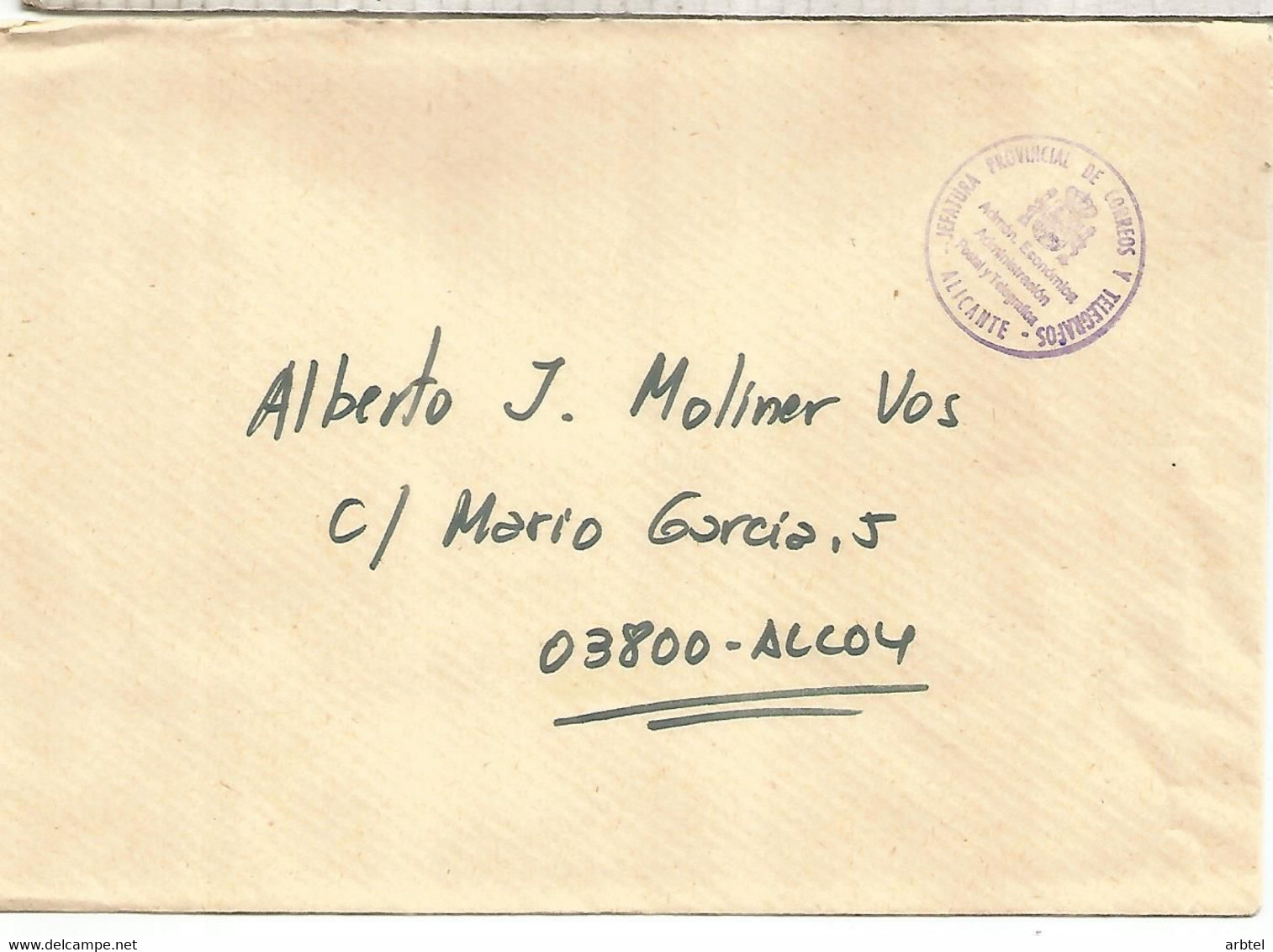 ALICANTE A ALCOY CORREO OFICIAL ADMINISTRACION POSTAL Y TELEGRAFICA - Portofreiheit