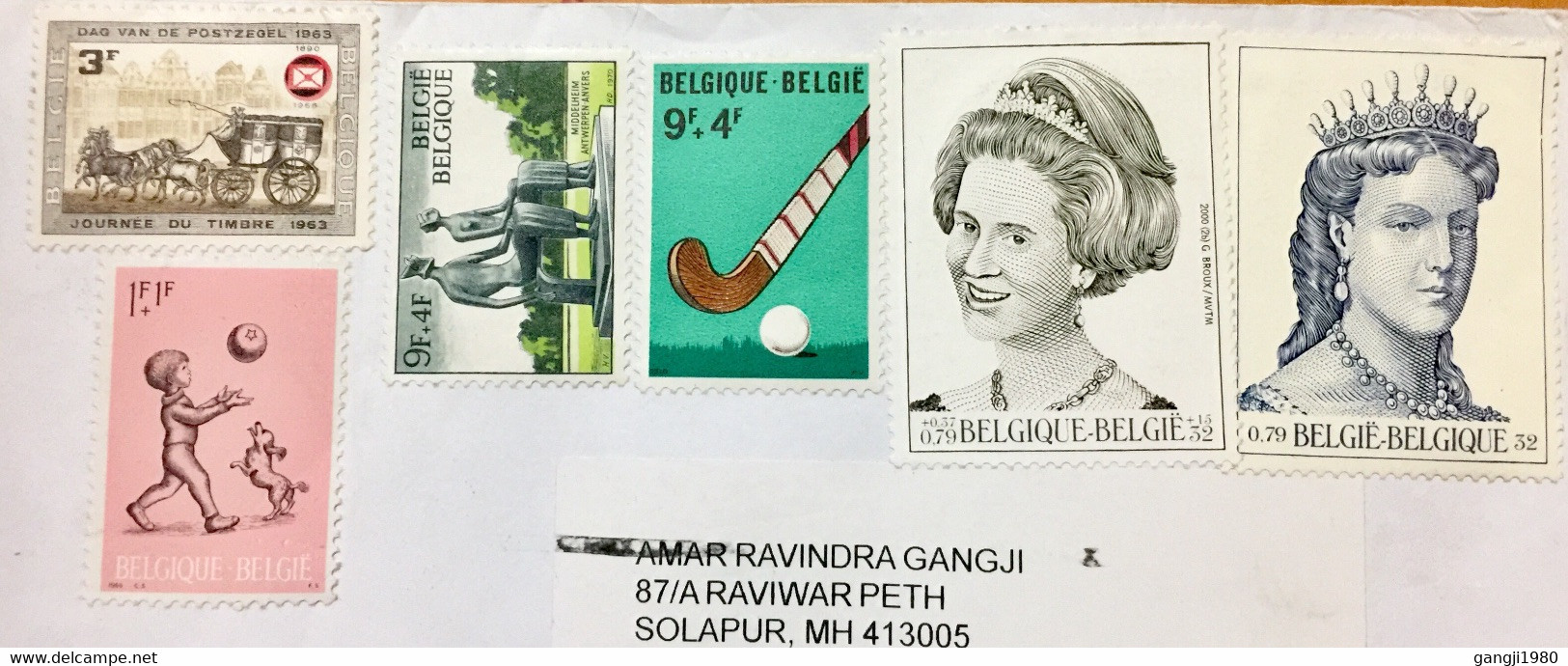 BELGIUM 2021 ,CORONA PERIOD, COVER USED TO INDIA,  NUDE STATUE, HOCKEY, QUEEN, CHILDREN BALL PLAYING WITH DOG, HORSE CAR - Covers & Documents