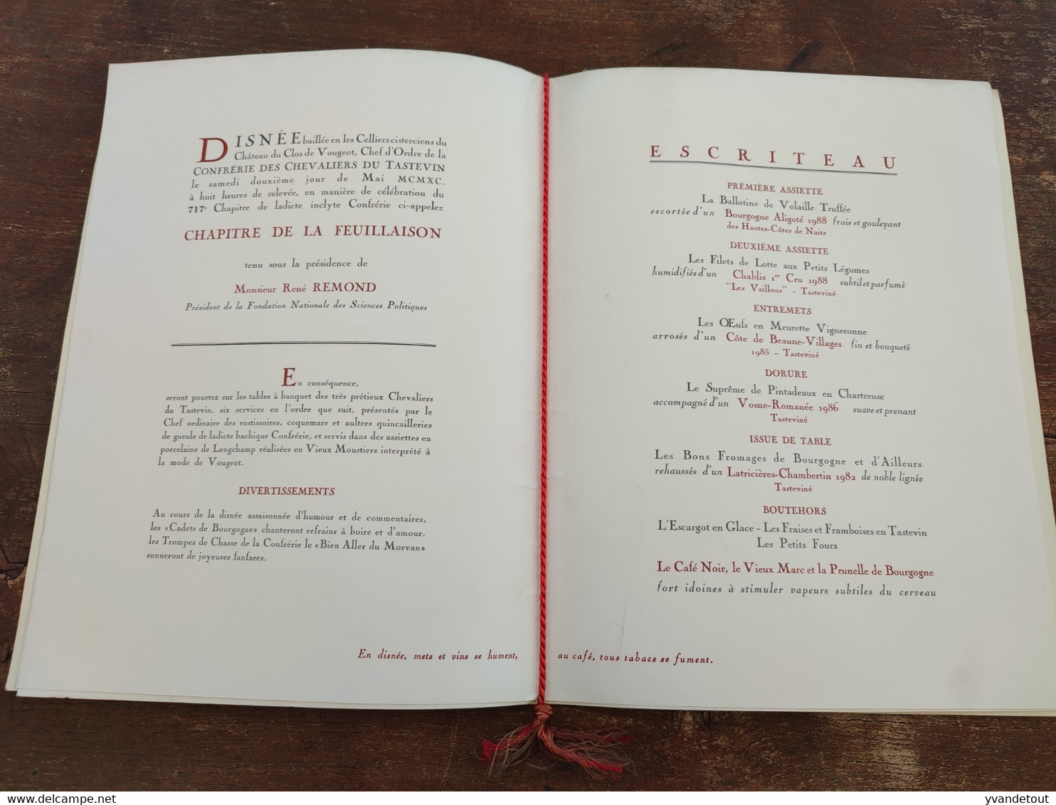 La Confrérie Des Chevaliers Du Tastevin. 717 Chapitre De La  Feuillaison. 1990. Clos-Vougeot - Bourgogne