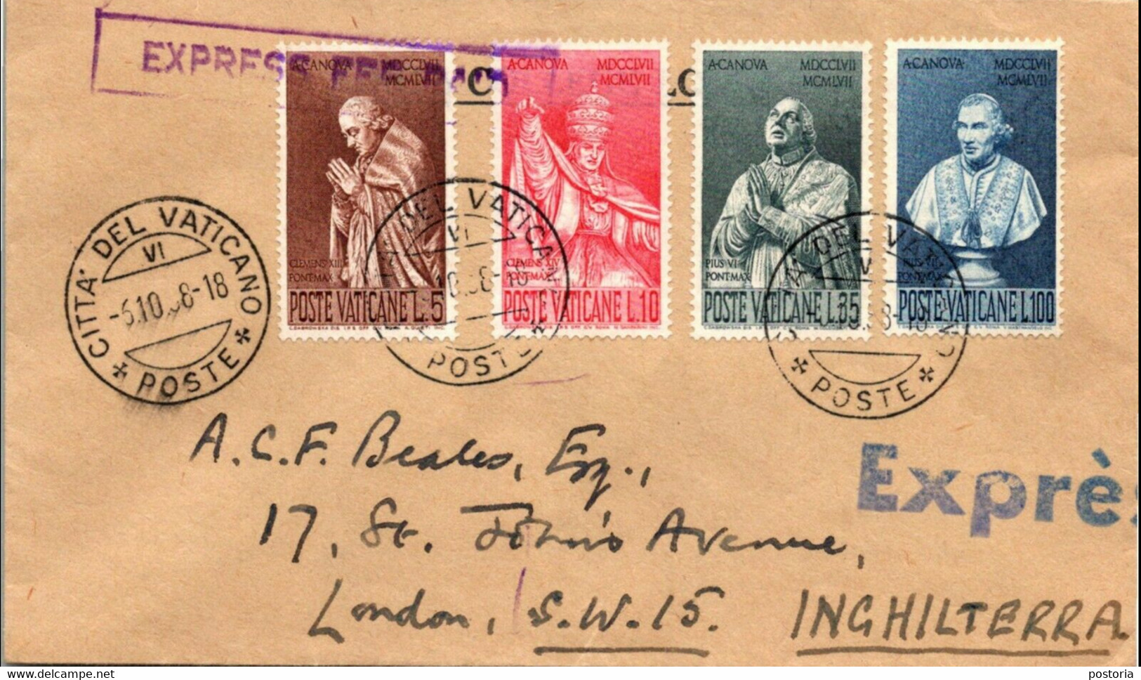 Vaticaan - Envelop - 1958 - Vaticaanstad Naar Londen Engeland - Michel 296 T/m 299 - Complete Serie Antonio Canova - Storia Postale