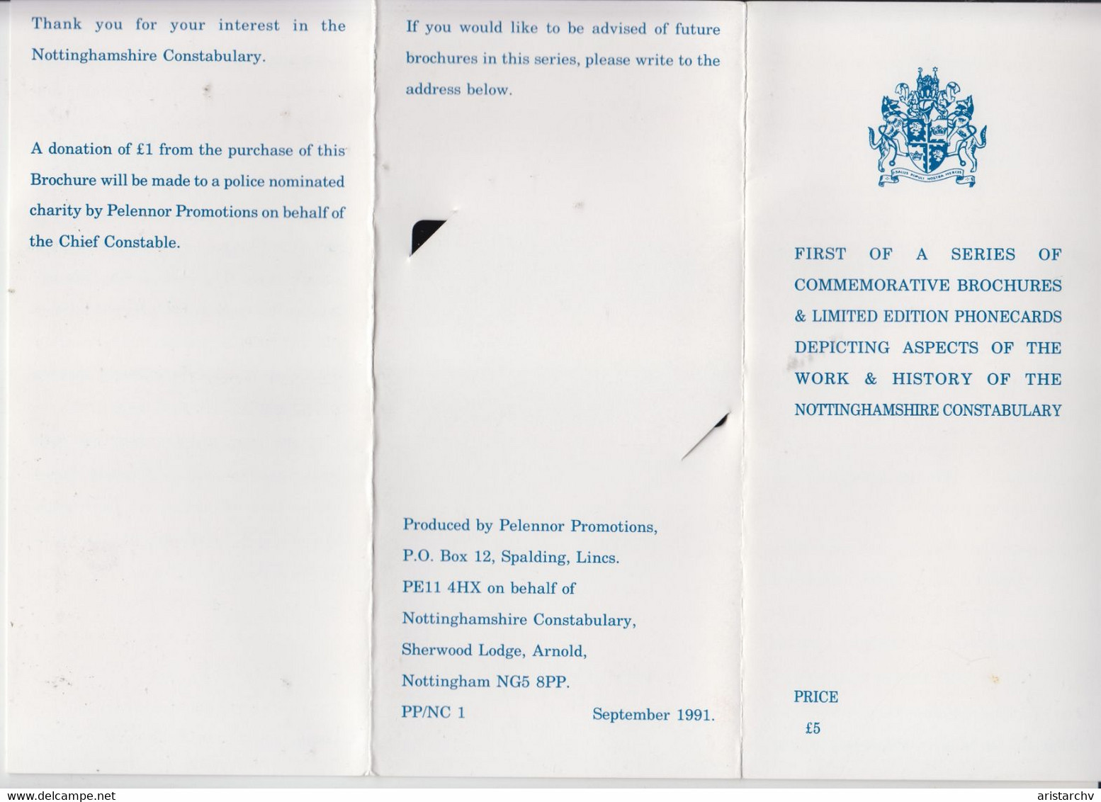 UNITED KINGDOM 1991 NOTTINGHAM CONSTABULARY PATROL CAR MINT IN FOLDER - BT Collector Packs