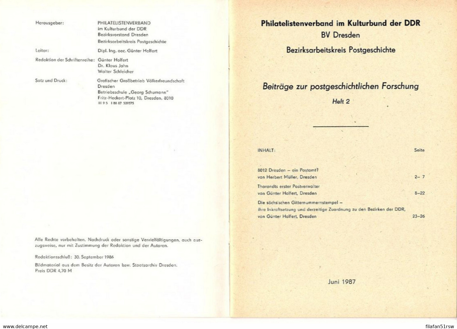 Tharandts Erster Postverwalter; Die Sächsischen Gitternummernstempel, Kulturbund Heft 2,  Günter Holfert, - Military Mail And Military History