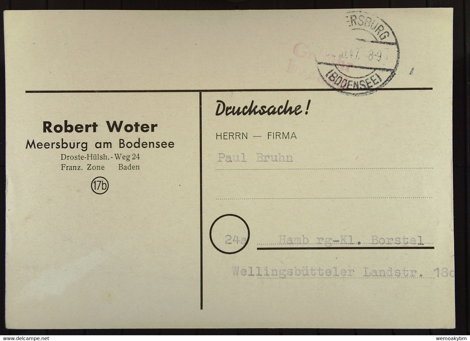 Lokal/Bar: Ds Fern-Karte Aus MEERSBURG (BODENSEE) V. Xx.10.47 Mit Schwachem Rotem Stpl. "Gebühr Bezahlt" -  Nach Hamburg - Briefe U. Dokumente