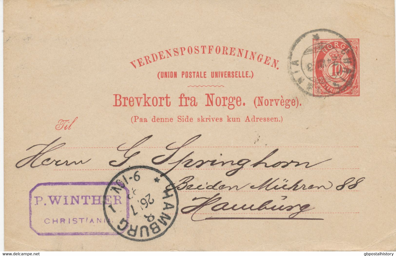 NORWEGEN 1893, 10 Ö Posthorn Kab.-Auslands-GA-Postkarte (Wertstempel In Grotesk) Mit K2 „CHRISTIANIA“ Nach „HAMBURG“ - Brieven En Documenten