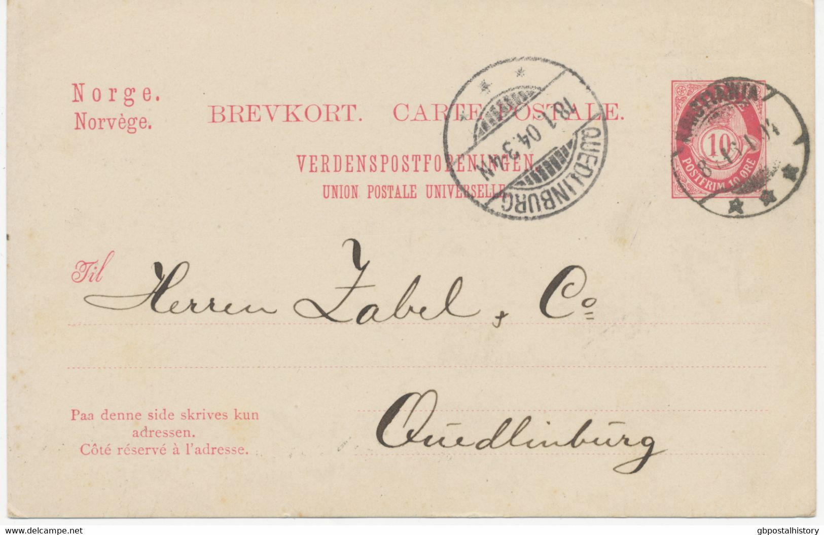 NORWEGEN 1904, 10 Ö Posthorn Seltene Kab.-Auslands-GA-Postkarte Mit K2 „CHRISTIANIA“ Nach „QUEDLINBURG“ - Brieven En Documenten