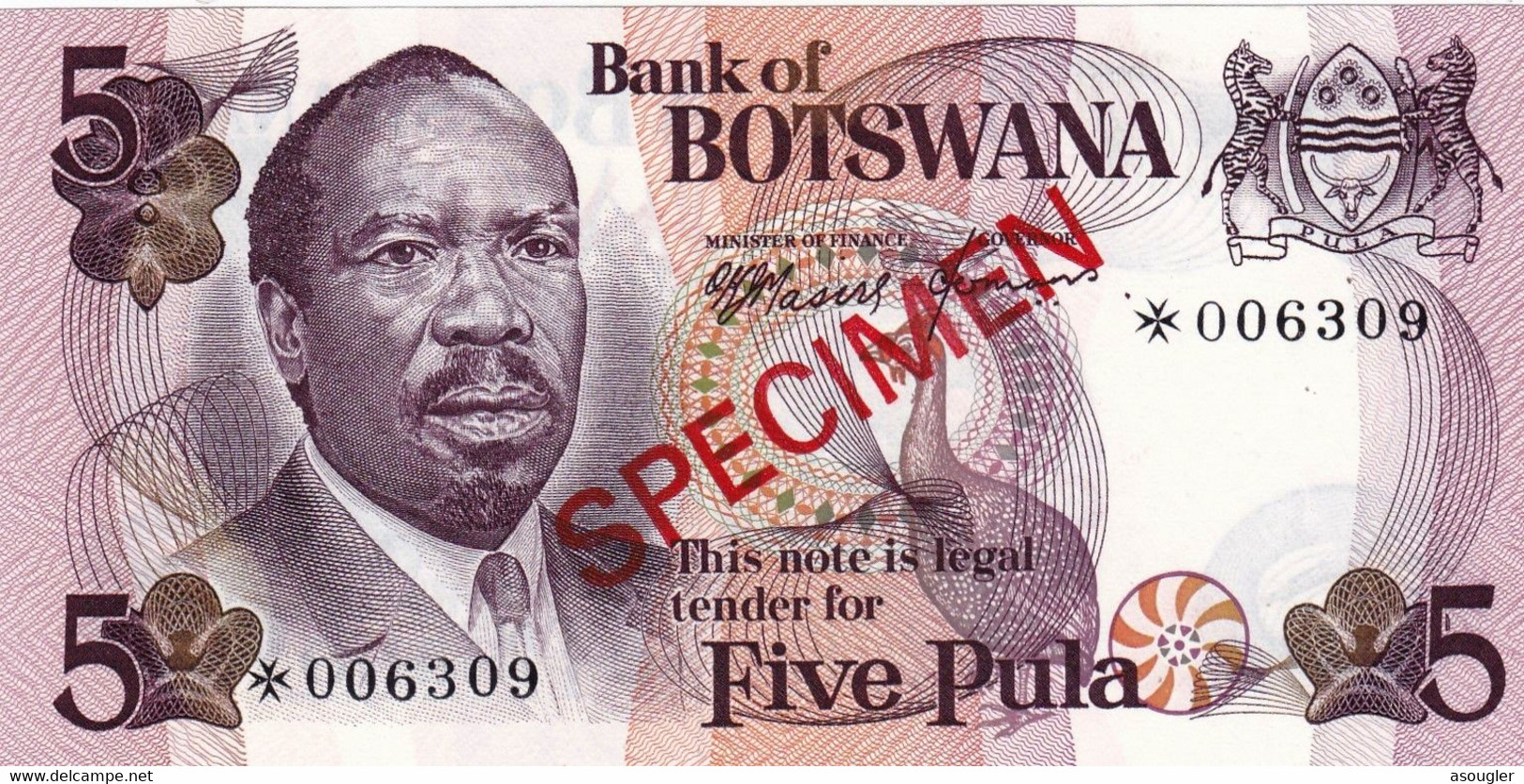 Botswana 5 PULA 1976 SPECIMEN P-3 "free Shipping Via Registered Air Mail" - Botswana