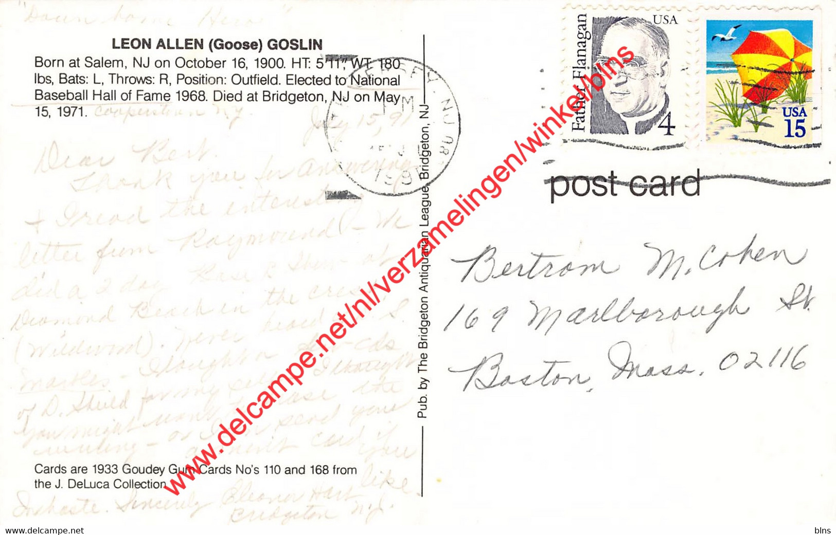 Leon Allen Goose Goslin  - Baseball Postcard - Other & Unclassified