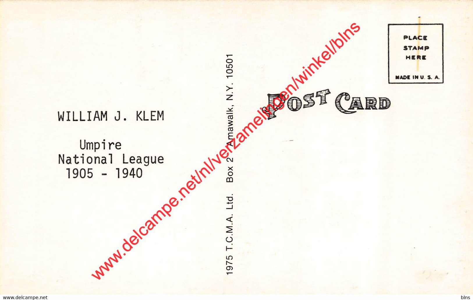 Bill Klem - Umpire National League - All Time Greats  - Baseball Postcard - Other & Unclassified