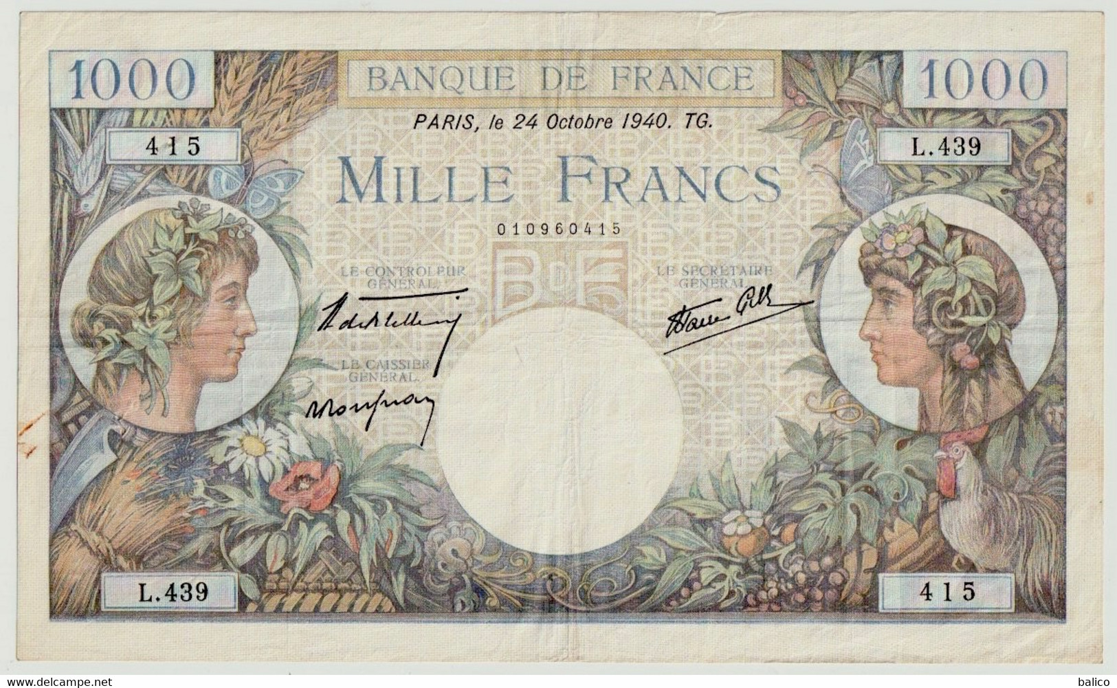 1000 Francs -  Cérès Et Mercure Du 24 Octobre 1940 (très Bon état)  N° L.439 - 415 - 1 000 F 1940-1944 ''Commerce Et Industrie''