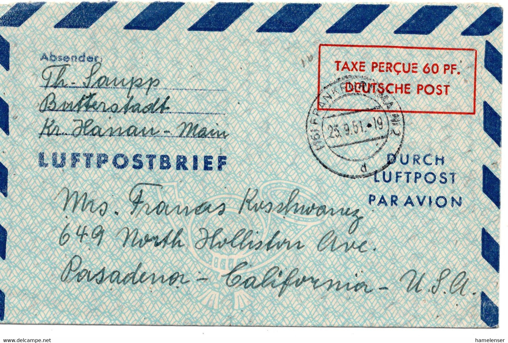 57156 - Bund - 1951 - 60Pfg. GA-Aerogramm FRANKFURT -> Pasadena, CA (USA) - Lettres & Documents