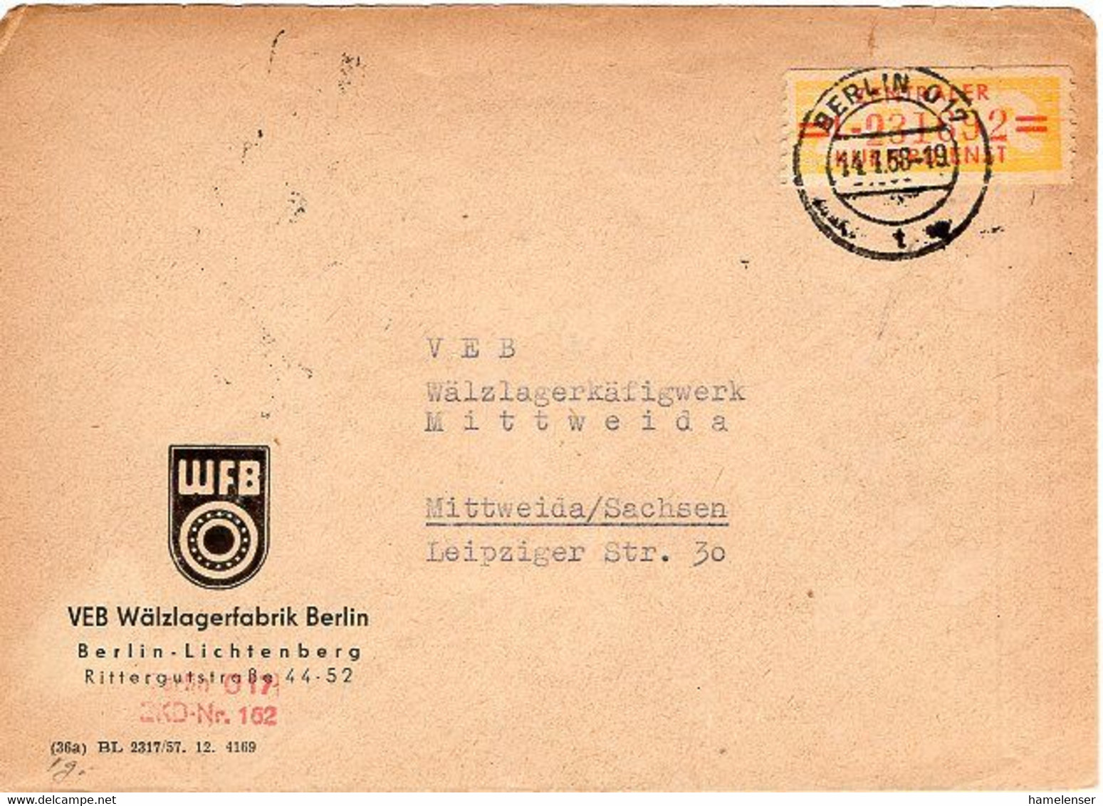 51461 - DDR - 1958 - 20Pfg ZKD "L" EF A Bf BERLIN -> MITTWEIDA - Other & Unclassified