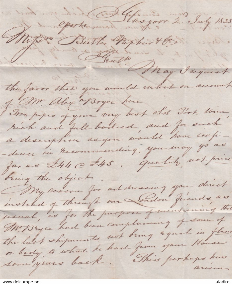1835 - K W IV - Lettre pliée en anglais de 2 pages de GLASGOW, Scotland vers OPORTO Porto Portugal