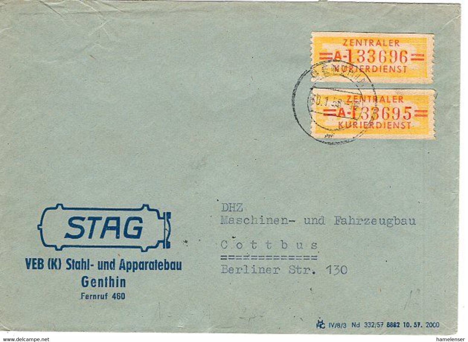 51462 - DDR - 1958 - 2@20Pfg ZKD "A" A Bf GENTHIN -> COTTBUS - Other & Unclassified