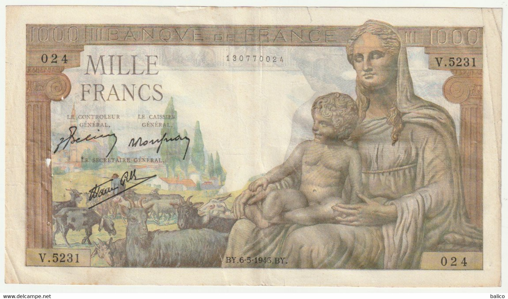 Billet De 1000 Francs - Déesse DEMETER  - 6 - 5 - 1943  France  - N°  V.5231-024 - 1 000 F 1942-1943 ''Déesse Déméter''