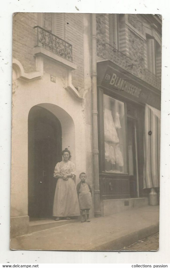 JC, Cp , Carte Photo , Commerce , Blanchisserie , Rue Des Lyonnais ,PARIS 5 éme, Voyagée 1907 , 2 Scans - Magasins