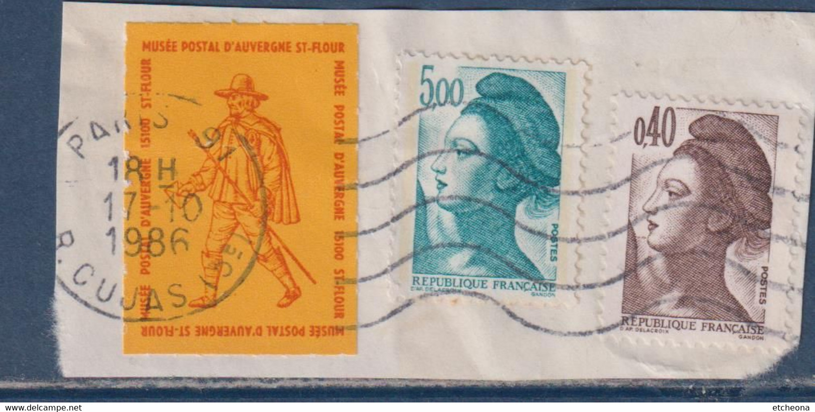 Musée Postal D'Auvergne Saint-Flour, Vignette Sur Fragment Avec N°2183 Et 21900 Oblitéré Paris 17.10.1986 - Briefmarkenmessen