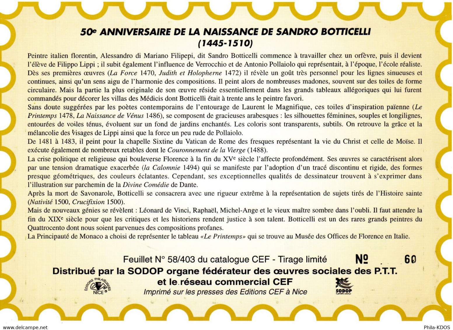 " LE PRINTEMPS De BOTTICELLI " Sur Encart CEF 1er Jour De MONACO De 1995 Parfait état FDC - Nus