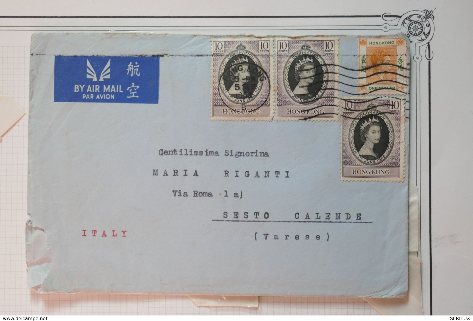 AC 12 CHINA HONG KONG  BELLE LETTRE 1953 PAR AVION  VICTORIA POUR SESTO  ITALIA  +¨TEMOIGNAGE+1 $+ AFFRANCH. PLAISANT - Briefe U. Dokumente