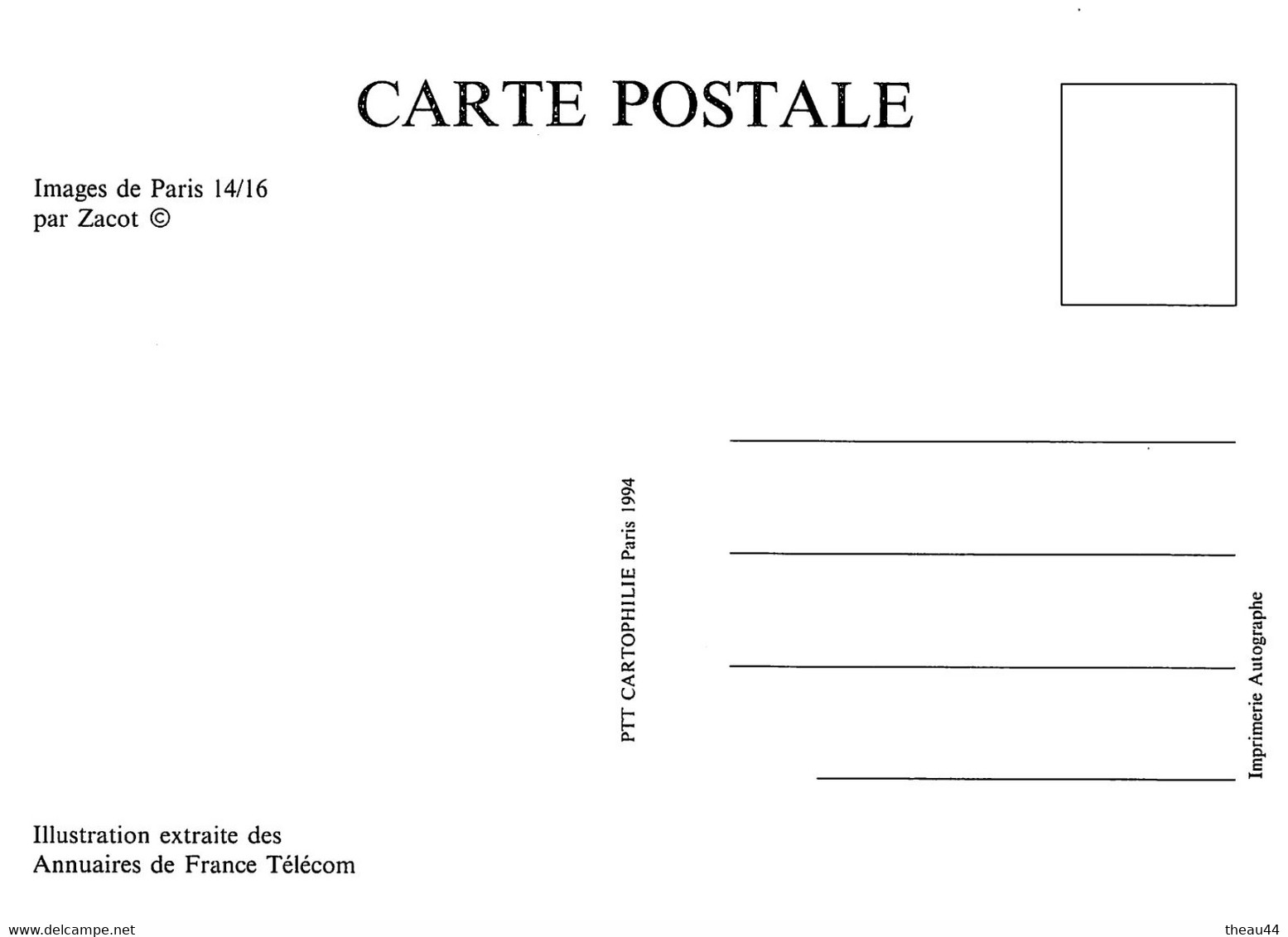 Lot 16 Cartes de l'Illustrateur " ZACOT " -Illustration extraite des Annuaires de "FRANCE-TELECOM" - " PTT Cartophilie "