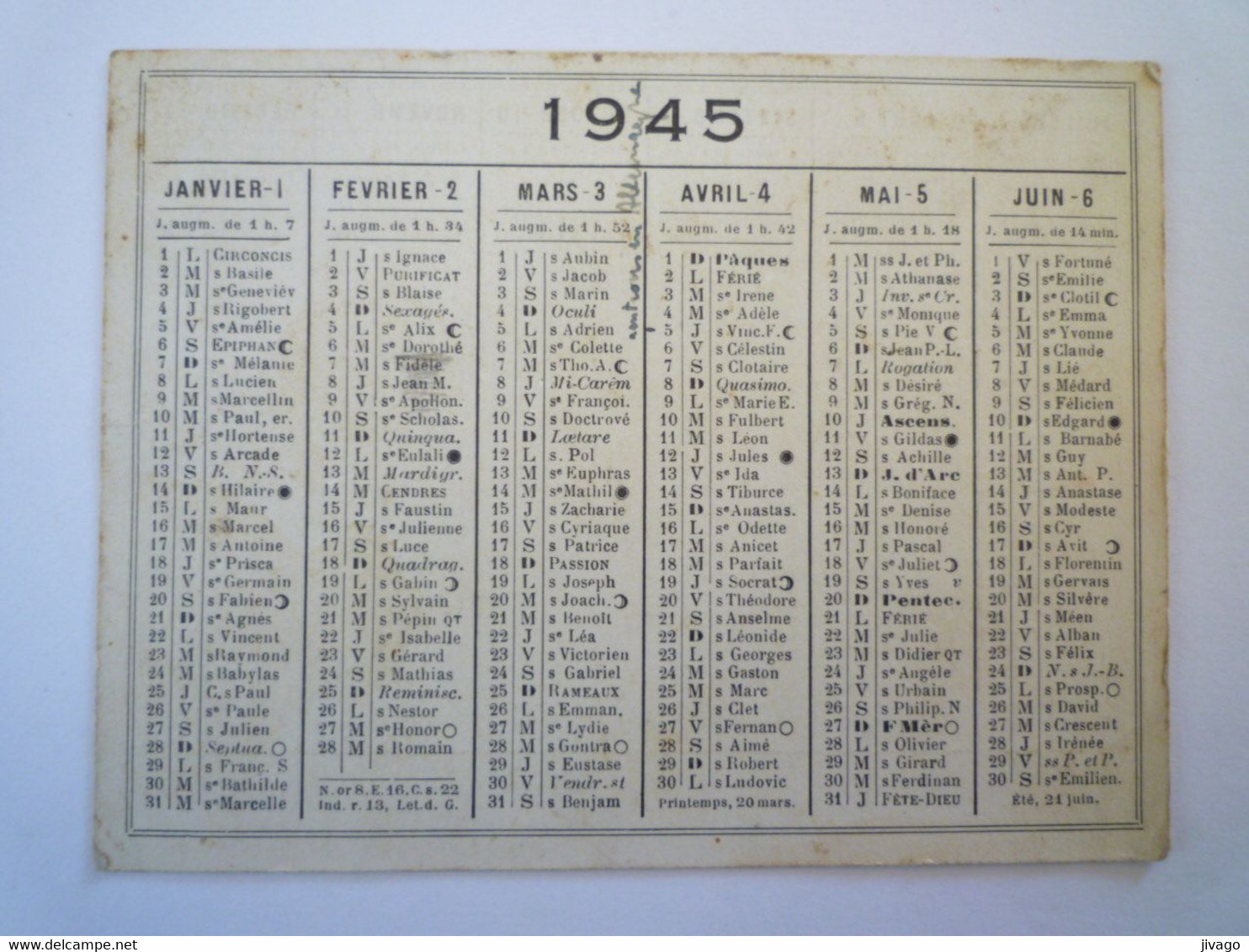 2022 - 1289  Petit Calendrier  1945   XXX - Klein Formaat: 1941-60